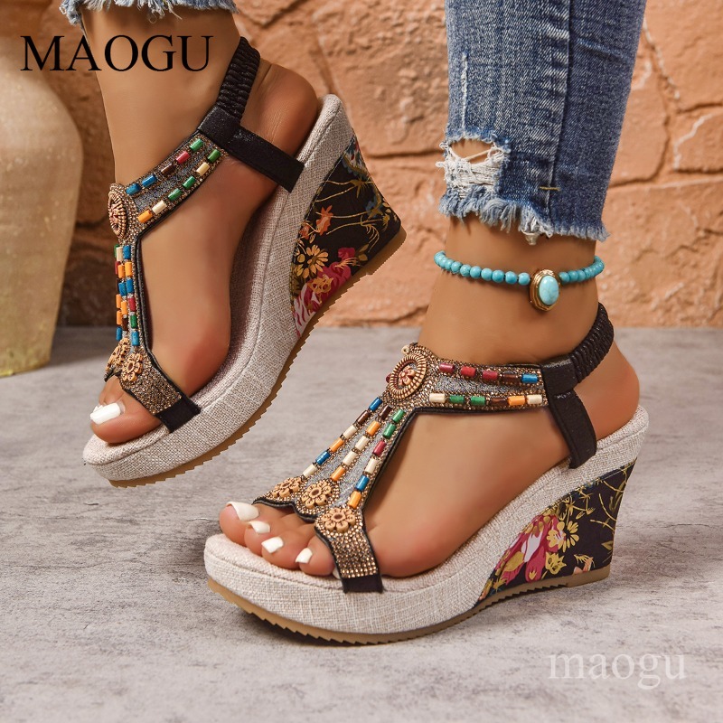 Boho Beaded Floral Wedge Sanda - đánh giá và giá Ethnic Fashion For Women