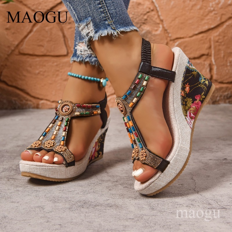 Boho Beaded Floral Wedge Sanda - đánh giá và giá Ethnic Fashion For Women